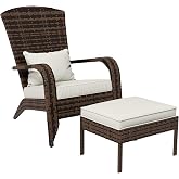 Outsunny Patio Wicker Adirondack Chair with Ottoman High-Back Cream White | Outdoor Fire Pit Chair, Cushions, Large Seat &amp; Armrests, for Deck, Garden &amp; Backyard