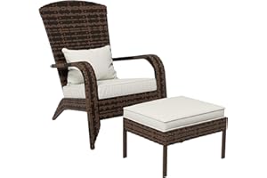 Outsunny Patio Wicker Adirondack Chair with Ottoman, Outdoor Fire Pit Chair with Cushions, High-Back, Large Seat & Armrests for Deck, Garden & Backyard, Cream White