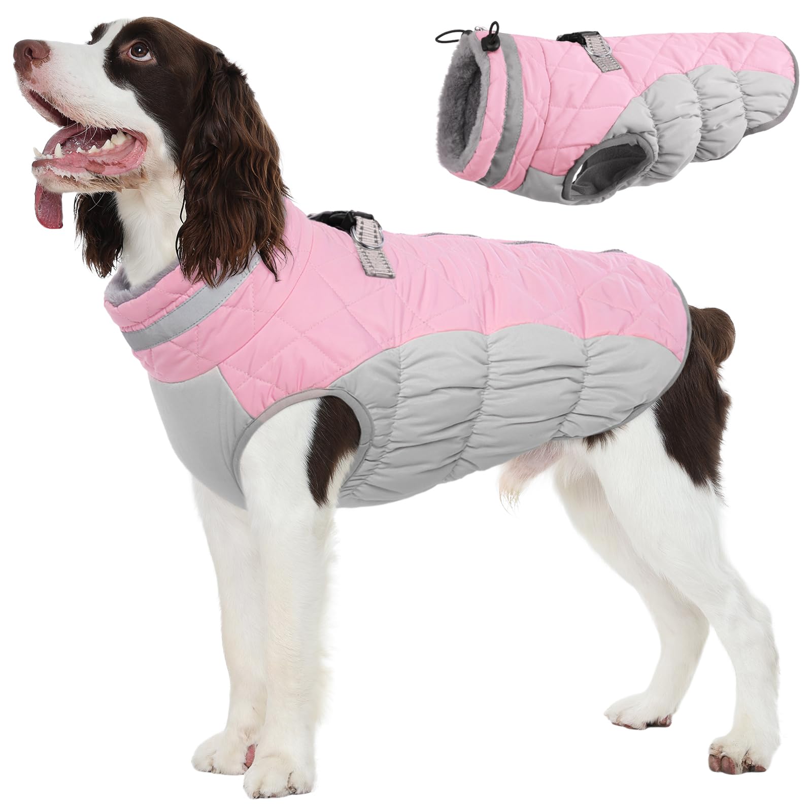 Photo 1 of FUAMEY Dog Coat for Large Dogs,Waterproof Dog Winter Jacket with Harness Built in Puppy Cold Weather Coats Reflective Pet Vest with Zipper Warm Fleece Dogs Snowsuit Windproof Pink L