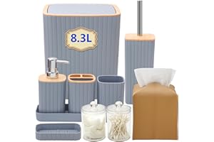 VIOWIL Bathroom Accessory Set, 10 Pieces Gray Bathroom Accessories Set with Toothbrush Holder, Tissue Box Cover, Trash Can, Soap Dispenser, Bamboo Tray, Tumbler, Soap Dish, Toilet Brush, Qtip Holder