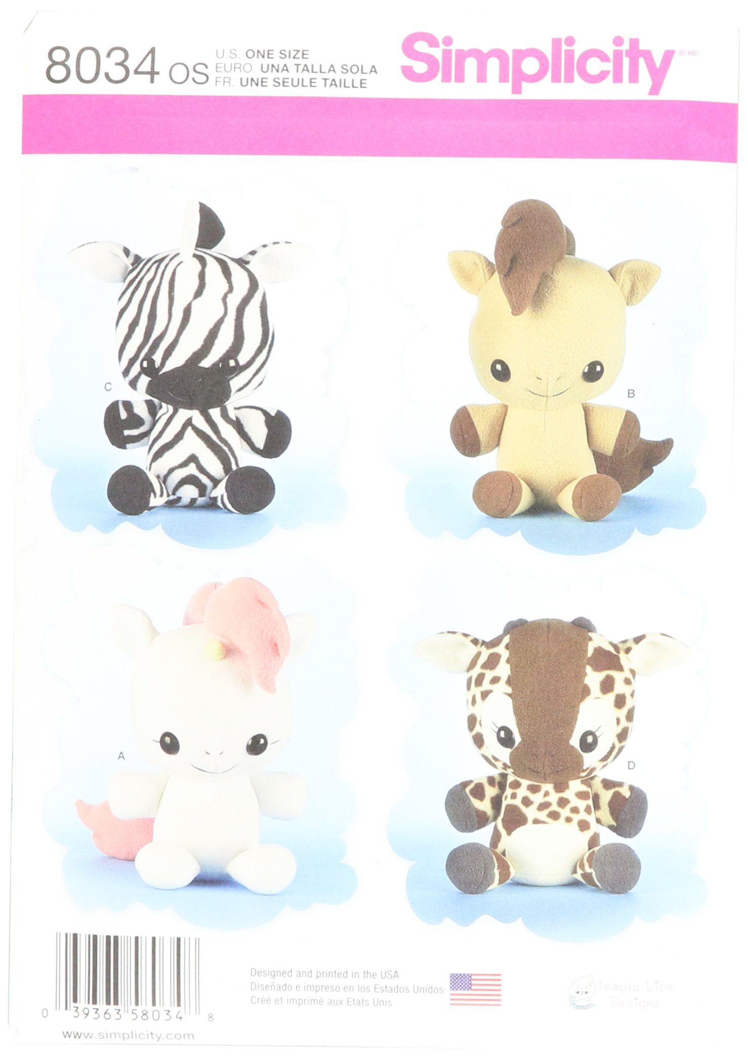 Simplicity Sewing Pattern 8034OS Animal Stuffies, Paper, White, OS (ONE Size)