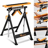 WORKESS 4 in 1 Roller Stand, Stable 440 Lbs Load Capacity with Saw Horses, V-Shaped, Multi-Directional Rollers &amp; Outfeed Roller, Adjustable Height 33&rdquo;- 50&rdquo;, Folding for Woodworking