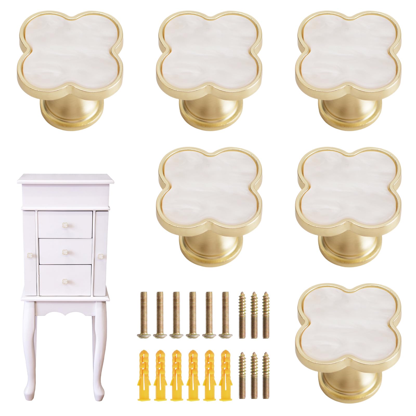 MOROBOR 6 Pcs Four-Leaf Clover Cabinet Knobs Creative Bling Zinc Alloy Drawer Pulls Multifunctional Single Hole Knobs for Dresser Wardrobe Door Furniture — image 1