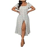 Floerns Women's Plus Size Floral Ruffle Sleeve A Line Dress Square Neck Button Slit Midi Dresses