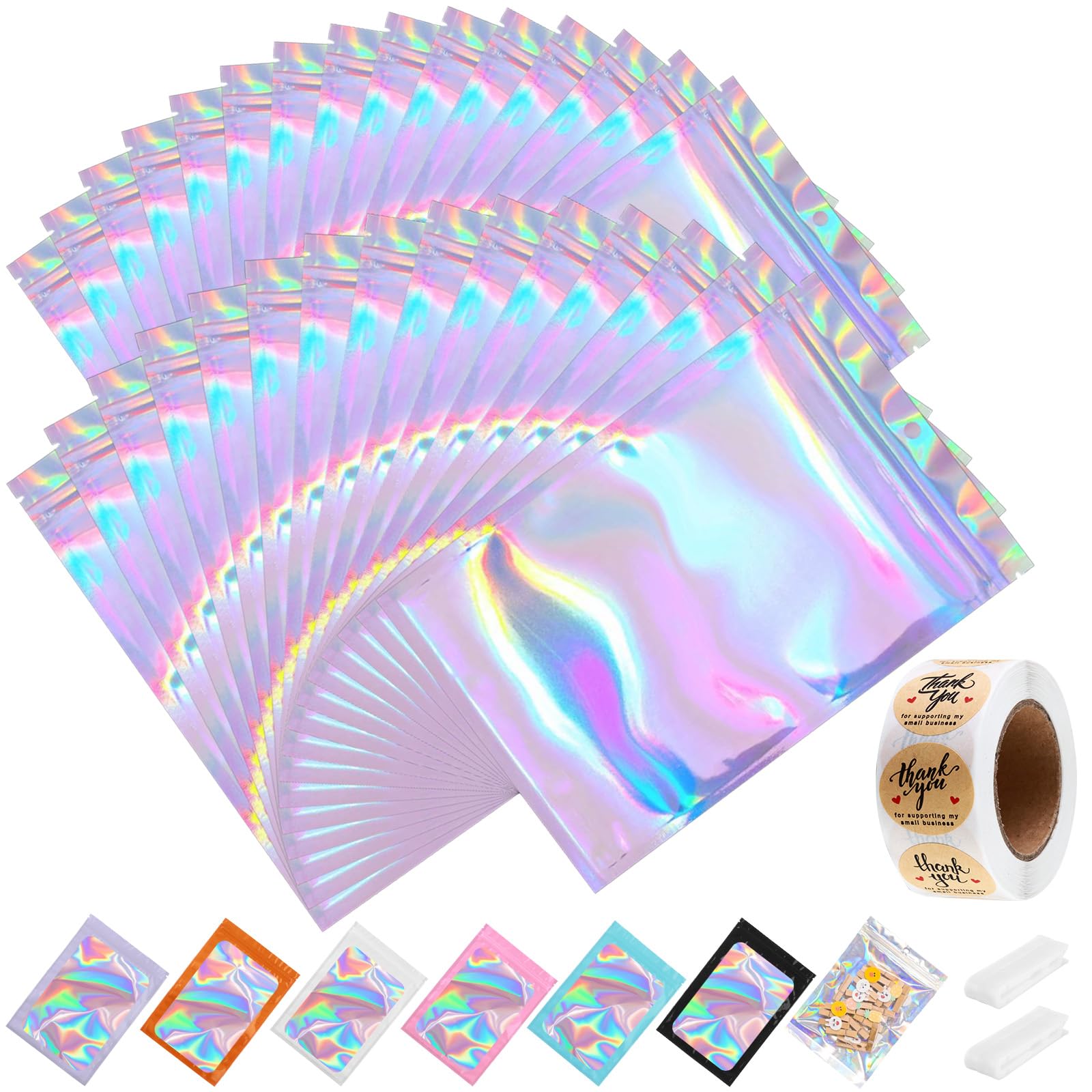 Photo 1 of 100-pack Holographic Mylar Bags with Clear Window 7.8" x 11.8" Large Resealable Foil Pouches for Food Storage Smell Proof Edible Packaging Bag for Cookies, Jewelry and Small Business
