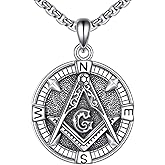 URONE Masonic Necklace 925 Sterling Silver Masonic Compass Pendant Freemasonry Necklace Mason Symbols Jewelry For Men