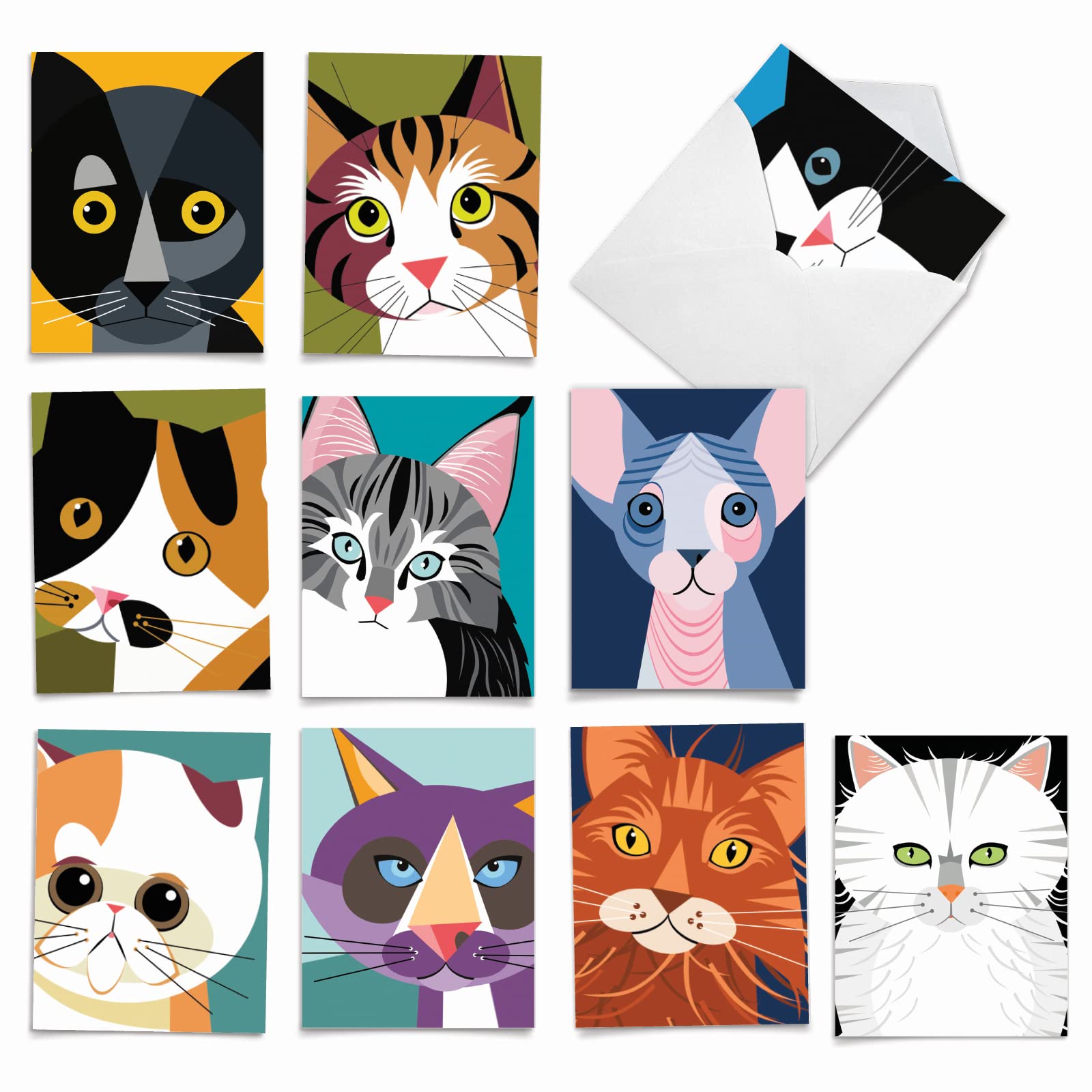 M6730TYG Cubic Cats: 10 Assorted Thank You Note Cards Featuring Funky Artistic Cat Close Up Portraits, w/White Envelopes.