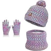 Lrastok Kids Winter Hat Gloves Scarf Set, Pom Wool Warm Fleece Beanie Knit Neck Gaiter Mittens for 4-10 Years Children