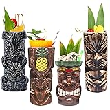 Tiki Mugs Cocktail Set of 4 - Large Tumblers Ceramic Hawaiian Luau Party Mugs Drinkware, Cute Exotic Cocktail Glasses, Tiki B