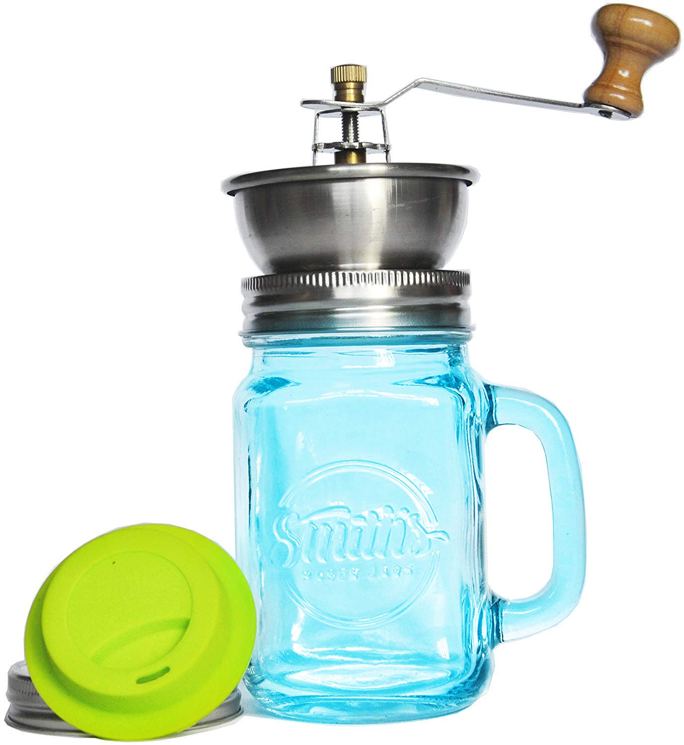 Coffee Mug with Ceramic Grinder with Silicone Drinking Lid - Amazing Manual Adjustable Coffee Grinder | Smith's Mason Jars