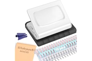 Hoqqf 10 Hole Punch Binding Machine for Planners with 10 Multi-Color Binder Rings, 30 Holes on A4, 20 Holes on A5, 26 Holes on B5, 10 Sheet Capacity (White)