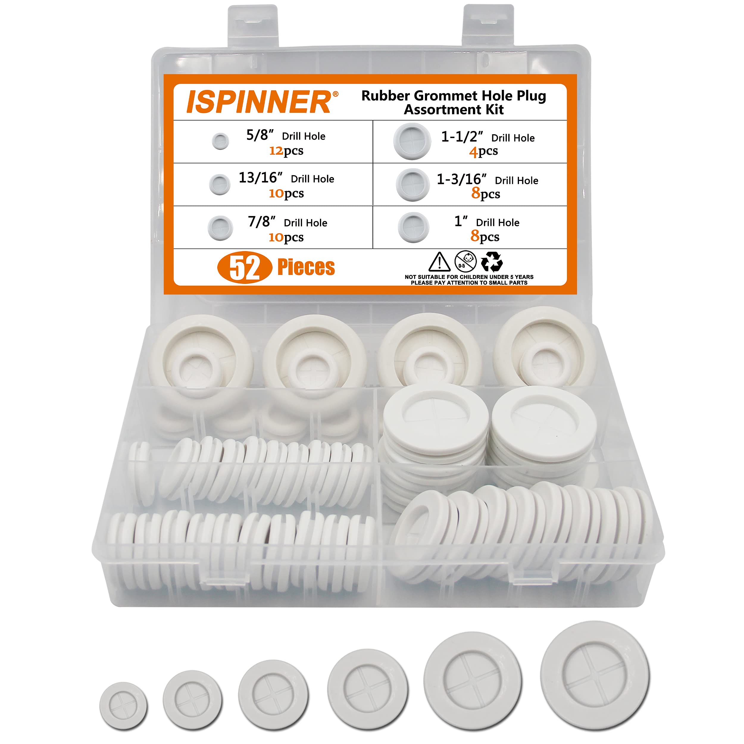 Photo 1 of ISPINNER 52pcs 6 Sizes Rubber Grommet, Double Sided Round Rubber Hole Plug, Drill Hole 5/8" 13/16" 7/8" 1" 1-3/16" 1-1/2" (White)