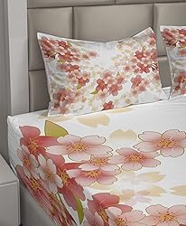 Ambesonne Floral Sheet Set, Japanese Sakura Flowers