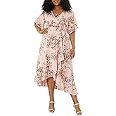 Keluummi Plus Size Summer Wedding Guest Maxi Dress for Curvy Women, V Neck 3/4 Sleeve Empire Waist A Line Floral Long Dress