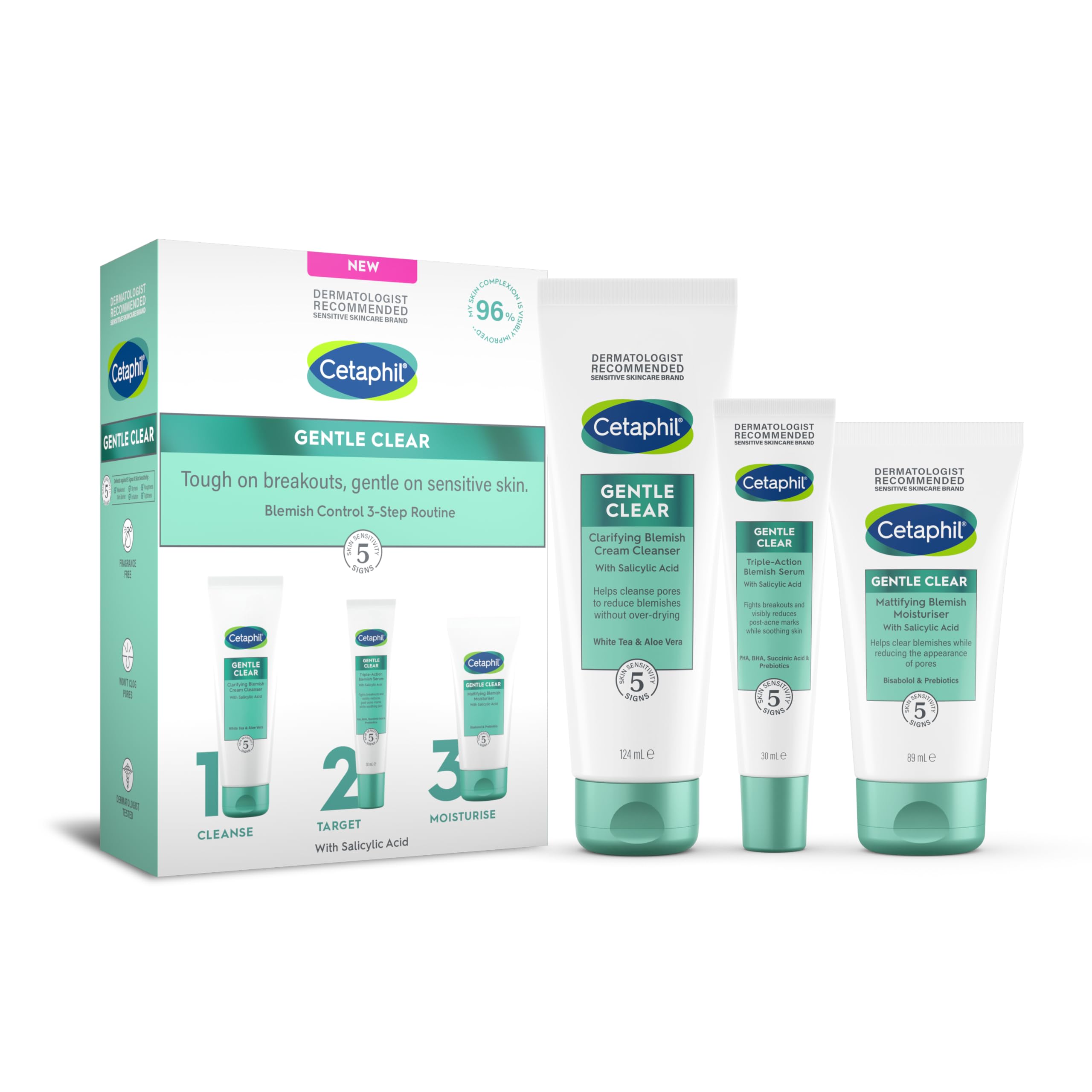 Cetaphil Gentle Clear Blemish Control 3-Step Routine Skincare Kit with Salicylic Acid, Face Cleanser 124ml + Serum 30ml + Moisturiser 89ml, Packaging May Vary