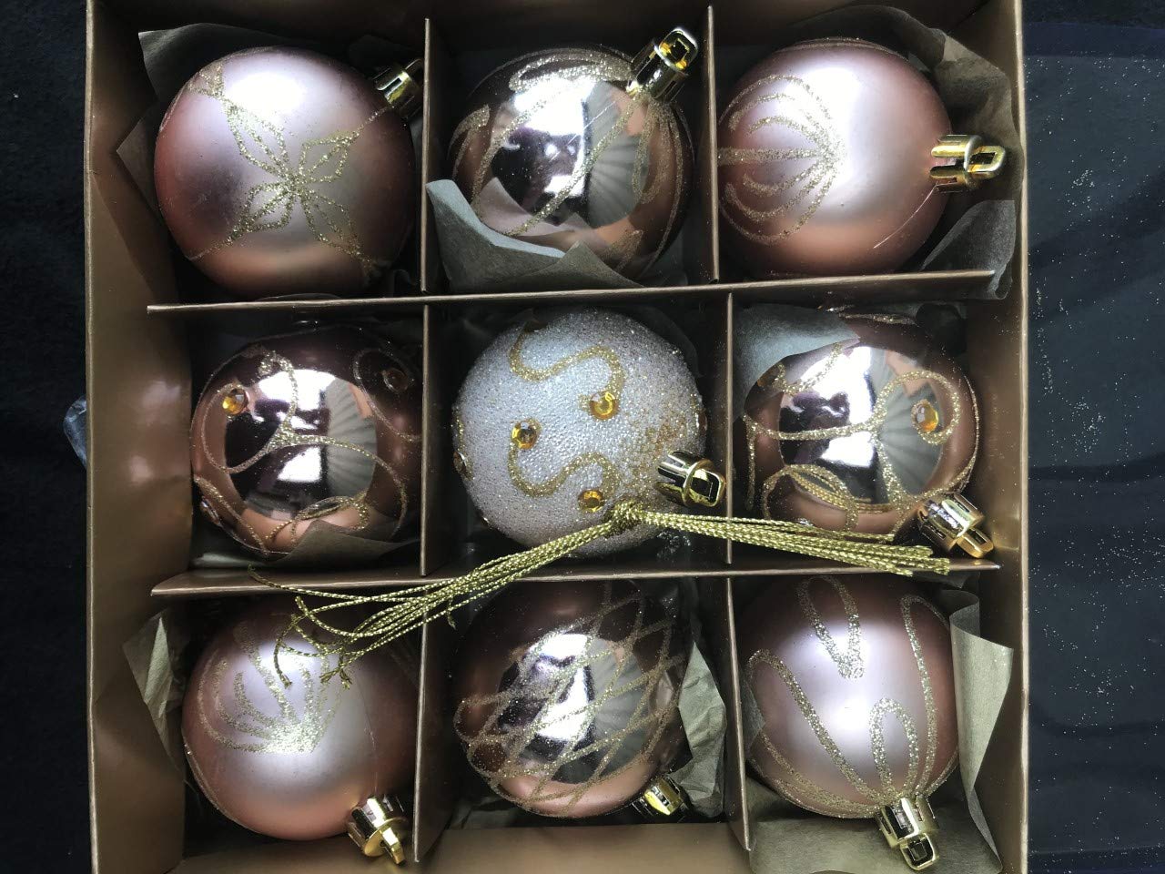 9 x 60mm Rose Gold Decorated Baubles