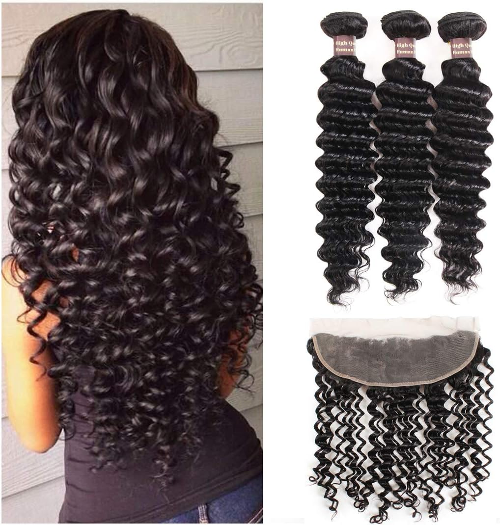 Deep Wave Hair Bundles with Lace Frontal, Ali Funmi (18 20 22+16) Unprocessed Virgin Peruvian Deep Wave Weaves with 13x4 Ear to Ear Lace Frontal Closure Hair Extension Natural Color