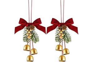 Daifunli 2 Pcs Christmas Wreath Bows with Jingle Bells and Pinecone Hanging Christmas Tree Topper Xmas Bow Pine Cones with Bell Pendant Decorative Bows Ornament for Party Decoration Kitchen Cabinet