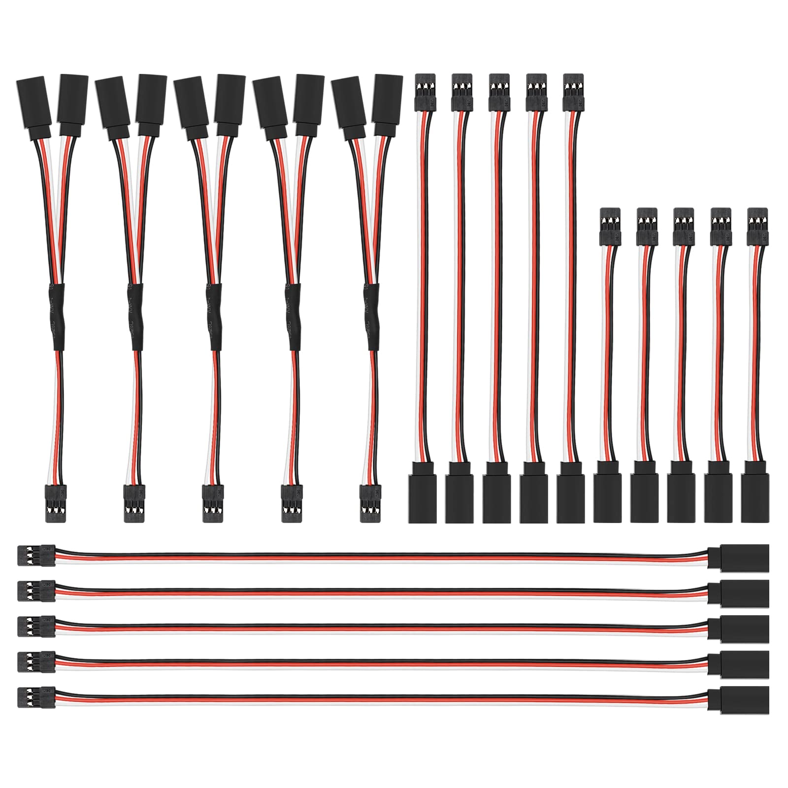 JR Style Servo Extension Cable, 20pcs Yakomon 15cm Y Harness Extension Cord, 30cm/15cm/10cm Male to Female Servo Extension for RC Car ect. (1 to 2 Y 15cm/30cm/15cm/10cm,5pcs Each)