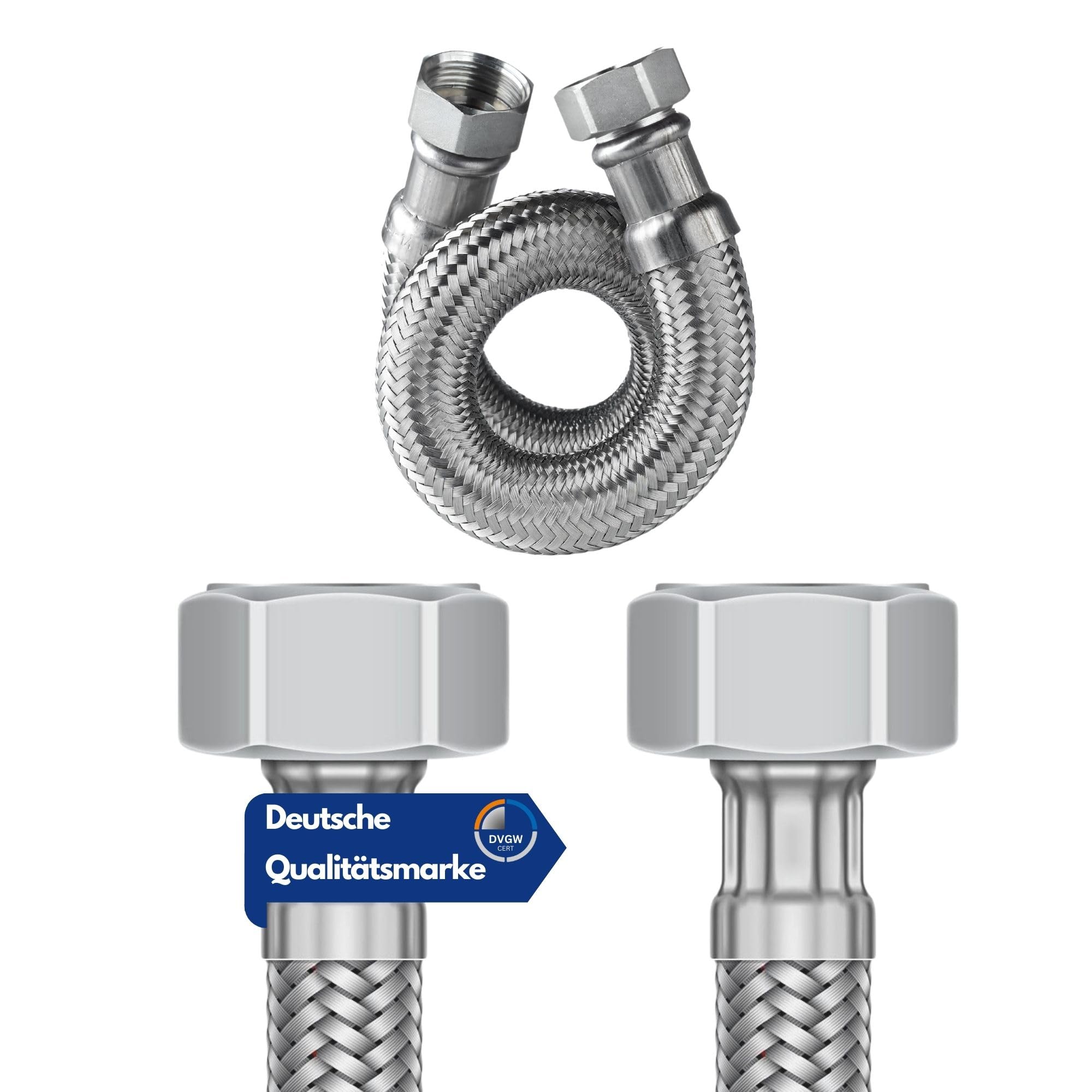 DVGW Tested Flex Hose 3/8 and 1/2 Inch Including Seals | Connection Hose Fitting | Tap Hose Extension | Reinforced Hose | (1/2 Inch Union Nut on Both Sides, 50 cm)