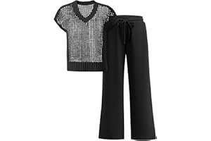 ANRABESS Women 2 Piece Outfits Summer Lounge Sets Crochet Knit Sweater Vest Wide Leg Pants Casual Beach Vacation Clothes