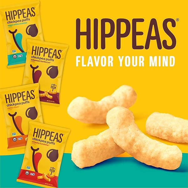 HIPPEAS CHICKPEA PUFFS, GROOVY WHITE CHEDDAR, GLUTEN FREE SNACKS, DAIRY FREE, VEGAN, 8OZ BAG, 3G PROTEIN, 2G FIBER, CRUNCHY, NUTRITIOUS, BAKED PLANT PROTEIN SNACK, NON-GMO, KOSHER