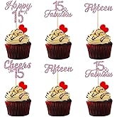 24Pcs 15th Birthday Cupcake Toppers - Pink Glitter Sweet 15 Cheers to 15 Years Old Cupcake Picks 15 Fabulous for 15th Birthday Anniversary Party Decorations Supplies