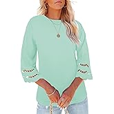 Yuccalley Women's 3/4 Lace Sleeve Summer T-Shirts Casual Round Neck Loose Fit Tee Tops