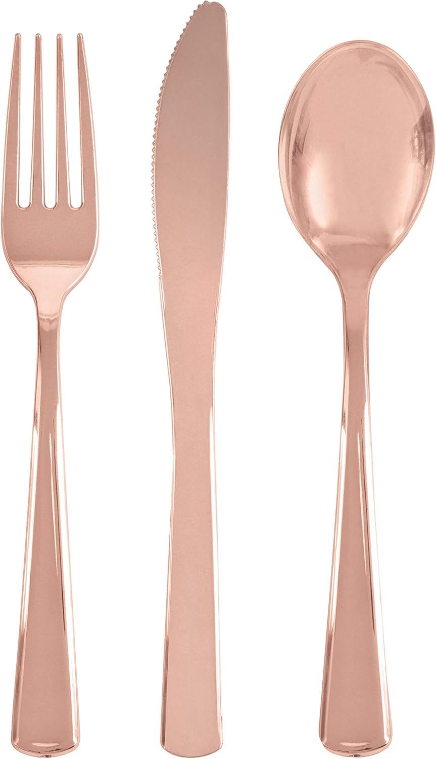 Rose Gold Solid Assorted Plastic Cutlery - Classy & Elegant Flatware Design - Perfect for Parties Weddings & Events - 18ct