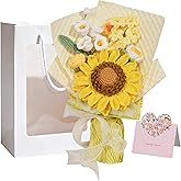 Oipuloh Yellow Crochet Flower Bouquet, Finished Handmade Milk Cotton Double-Layer Sunflower, Lily of The Valley and Forget-Me-Not, Forever Flowers for Graduation, Thank You Gift, with Gift Card