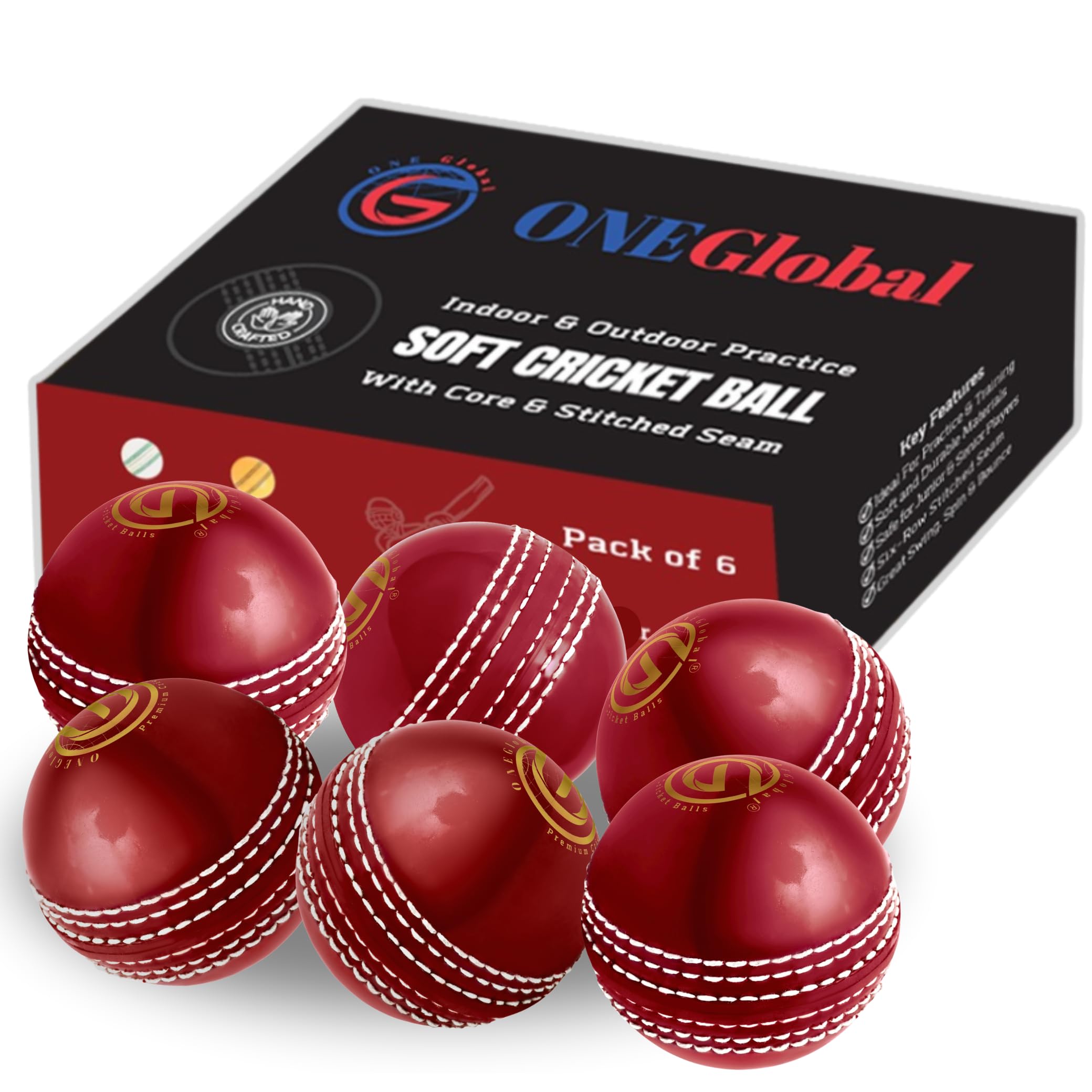 ONEGlobal Incrediball Soft Practice Cricket Ball | Outdoor & Indoor Rubber Cricket Ball With Core & Stitched Seam | For Practice, Honing Skills & Family Fun | Senior and Junior Sizes