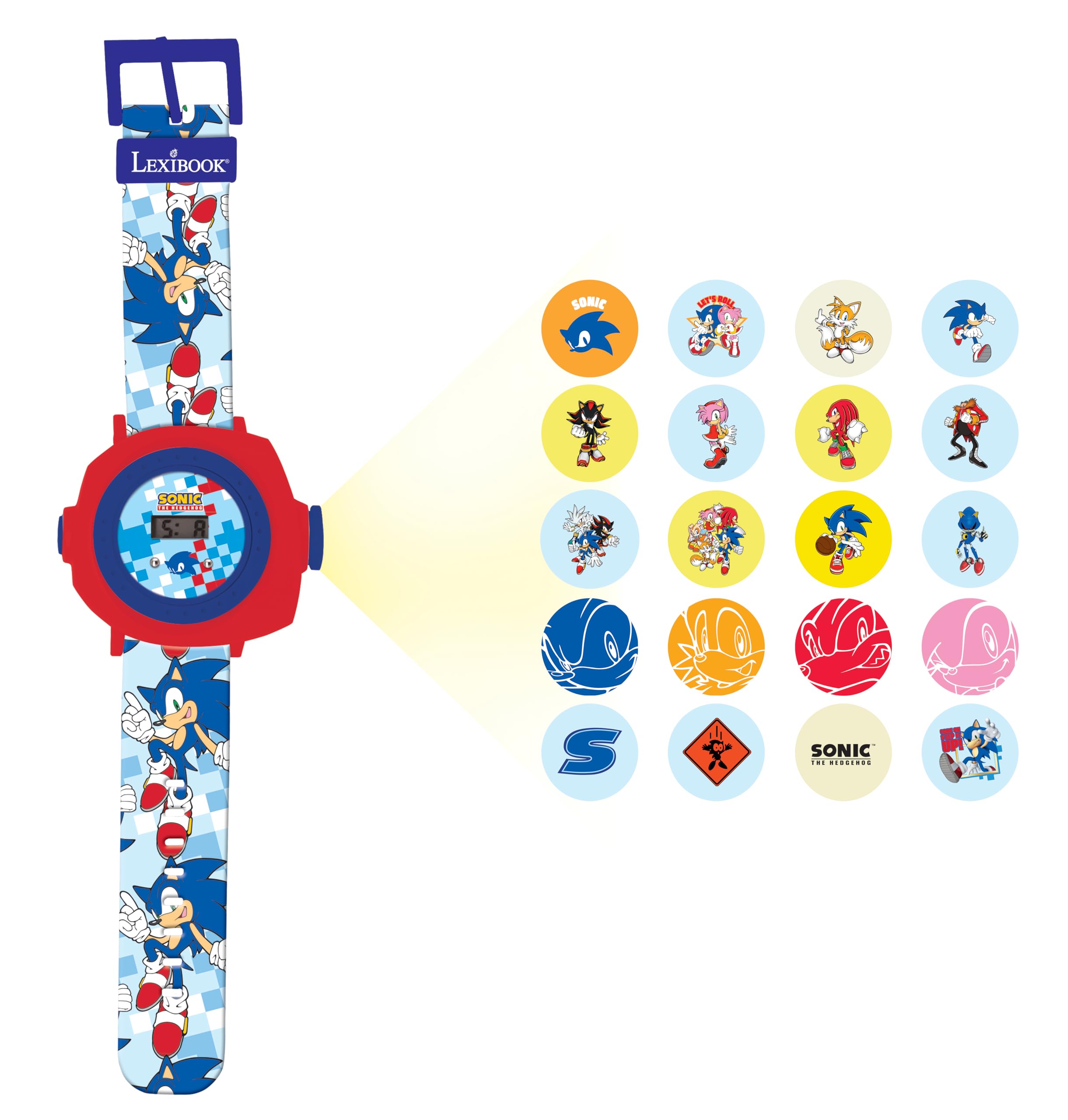 LEXIBOOK, Sonic The Hedgehog, Adjustable Projection Watch Digital Screen, Projects 20 Images of Sonic, for Children, Blue/red, DMW050SN