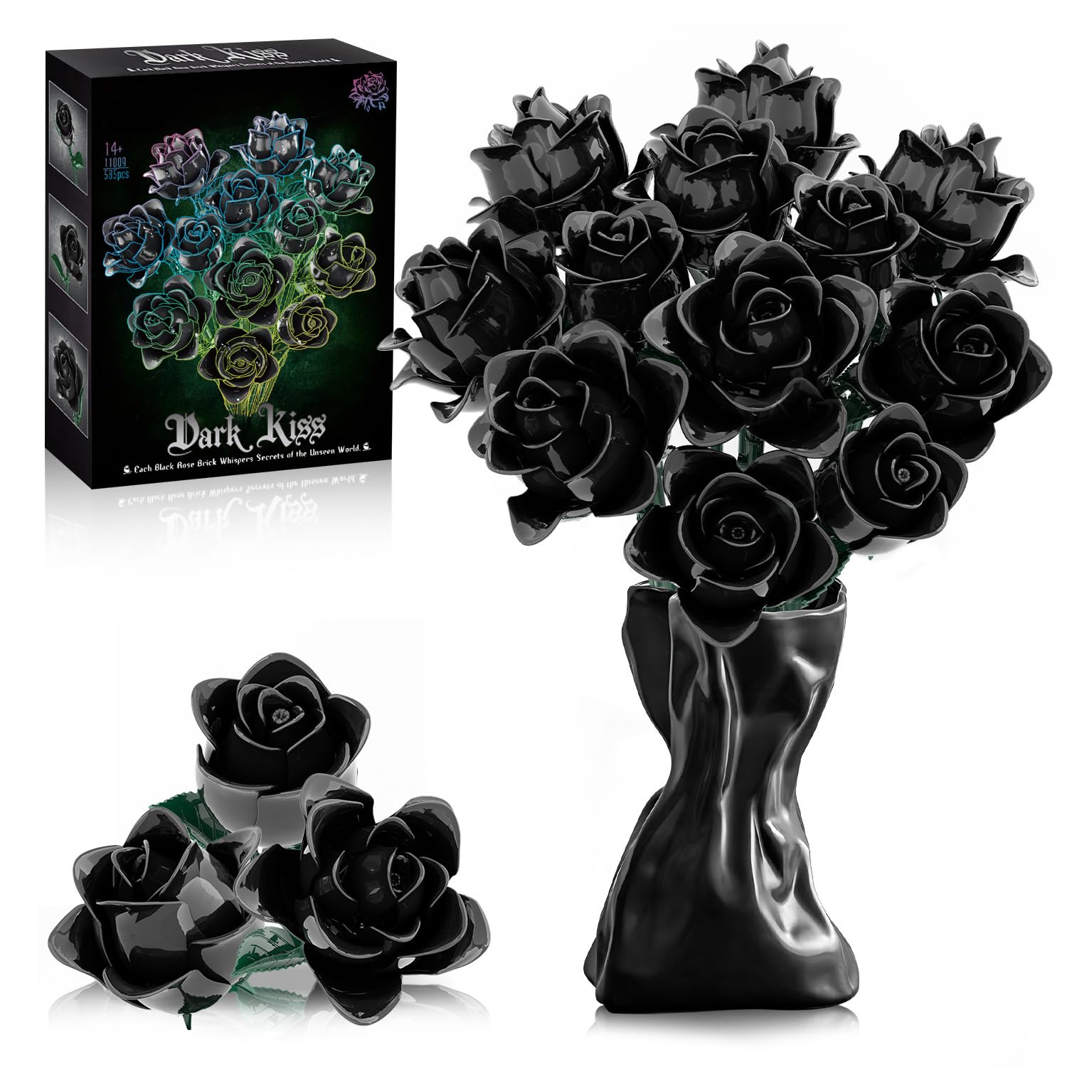 Photo 1 of Black Roses Bouquet Building Set, Artificial Flowers Botanical Collection Building Block for Adults, Gothic Home Decor for Women, Girls, Compatible with Lego Flowers, 585 PCS