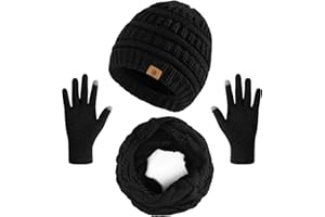 PLENEAL Winter Beanie Hat Scarf Gloves Set, Thick Warm Knit Winter Skull Cap Touch Screen Gloves Neck Scarf for Women Men