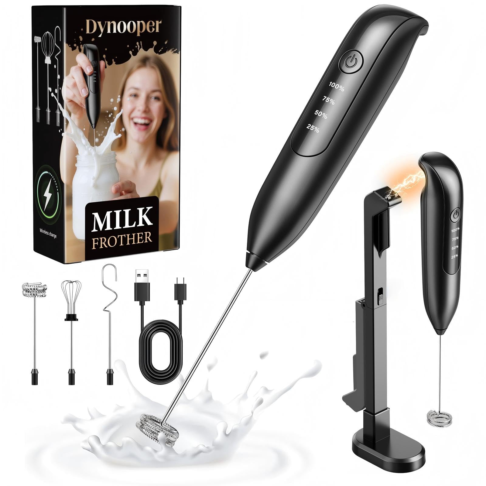 Photo 1 of ***MISSING PIECES*** ***READ CLERK NOTES*** Dynooper Electric Milk Frother Handheld: Rechargeable 3 in 1 - LED Digital Display with 3 Speeds Portable Stainless Steel Drink Foam Mixer for Milk Coffee, Lattes, Cappuccino, Matcha - Starlight Black
