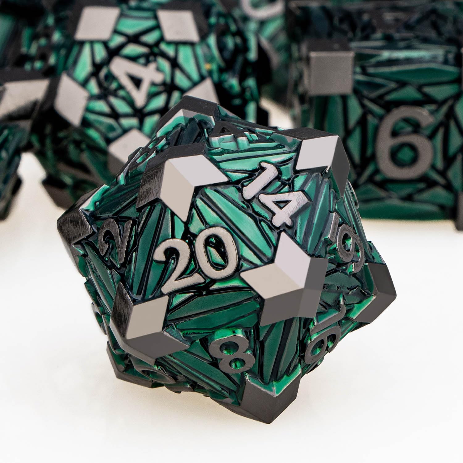 ORIFANTOU 7PCS Metal DND Dice Set with Box, Debris RPG Black Green D and D Dice for use with D&D Tabletop Games Role Playing Game Polyhedral Dice Set D20 D12 D10 D8 D6 D4 ﻿ — image 1