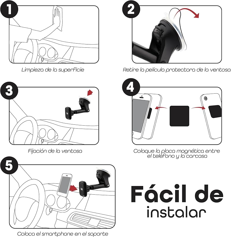 Suporte para Telemóvel Magnético Sora, 6 ímanes potentes – Braço ajustável – Rotação de 360° – Ventosa 2 em 1 – Acabamento em carbono – Preto