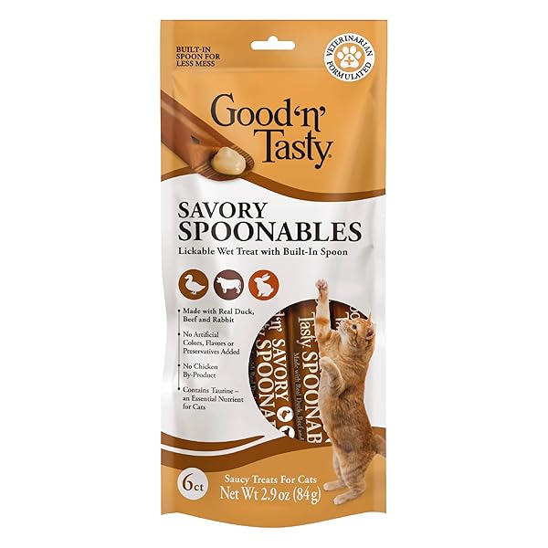 GOOD ‘N’ TASTY SAVORY SPOONABLES WITH REAL DUCK, BEEF & RABBIT, 6 COUNT TUBE, TRIPLE FLAVOR SQUEEZABLE LICKABLE WET TREATS FOR CATS WITH BUILT-IN SPOON FOR LESS MESS