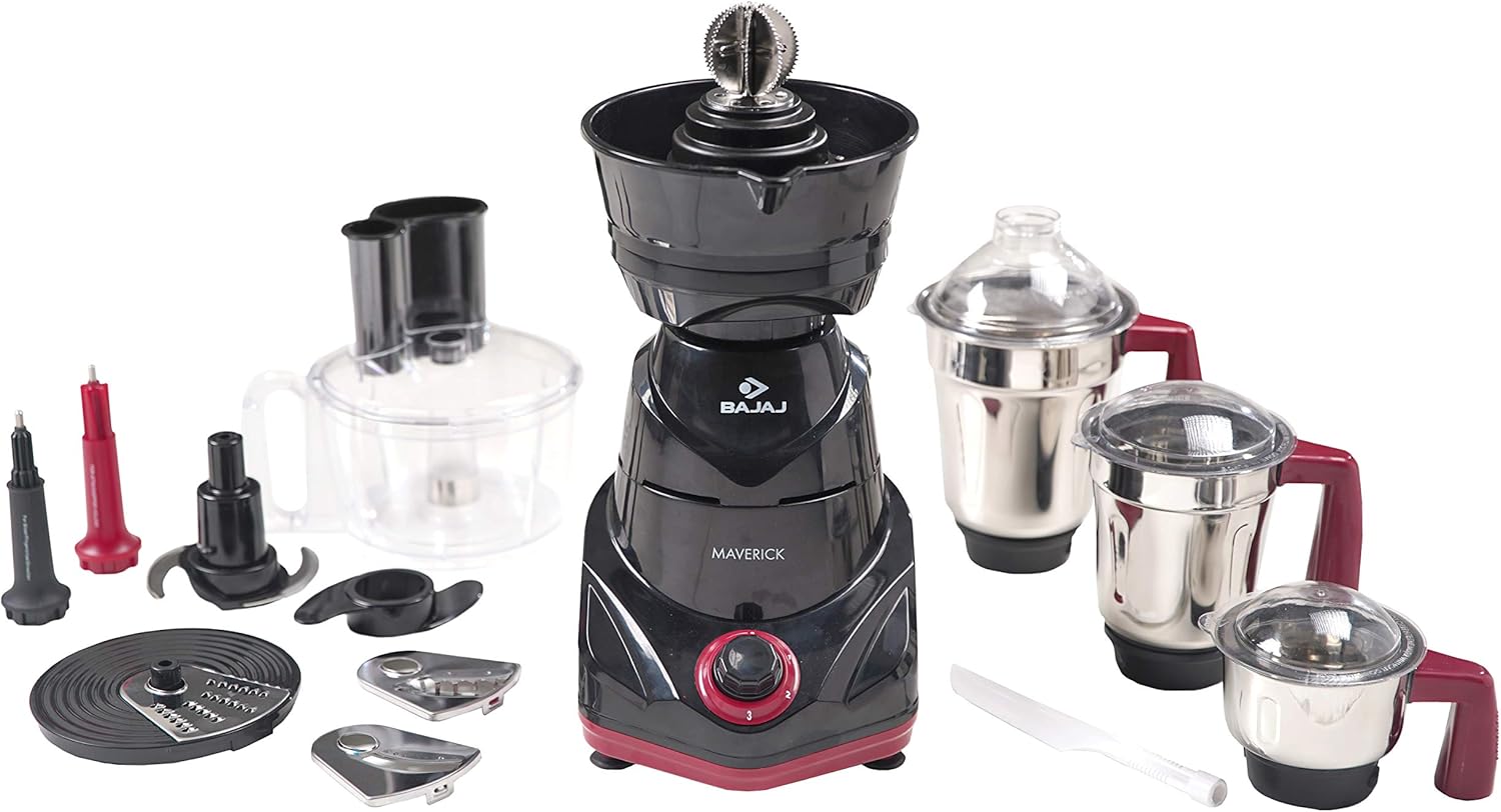Bajaj Maverick 750Watt Mixer Grinder with 3 Jars, Food Processor Bowl