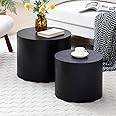 Nesting Coffee Table Set of 2, Modern Round Coffee Table with Non-Slip Feet, Wooden Circle Accent Tables for Small Spaces Living Room Bedroom Balcony Office Drum Side Table (Black)