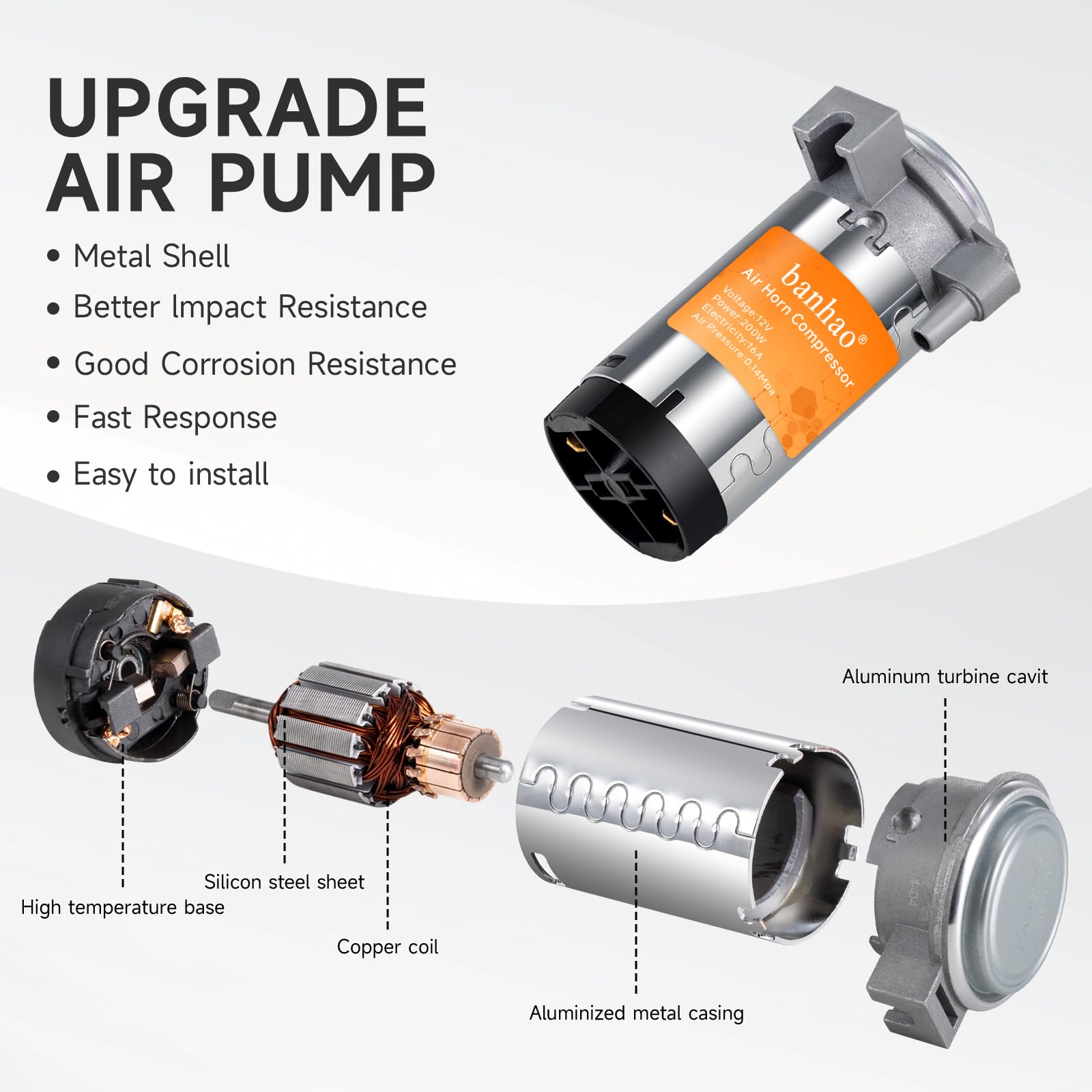 150DB Air Train Horn kit for Car, Banhao Super Loud Twin Tone Chrome Plated Zinc Dual Trumpet with Compressor for Any 12V Trucks Lorrys Trains Vans Boats (Chrome)