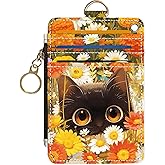 DATOUCAT Slim Wallet Credit Card Holder, Cat and Yellow Flower, RFID Wallet Women Cute Small Front Pocket Wallet With Zipper, PU Leather Thin travel RFID Blocking Card Case ID Window,Ladies Gifts