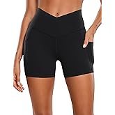 CRZ YOGA Womens Butterluxe Cross Waist Biker Shorts 4" - V Crossover High Waisted Side Pockets Workout Gym Yoga