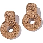 Statement Boho Rattan Dangle Earrings - Handmade Straw Wrap Summer Drop Dangling Earrings for Women