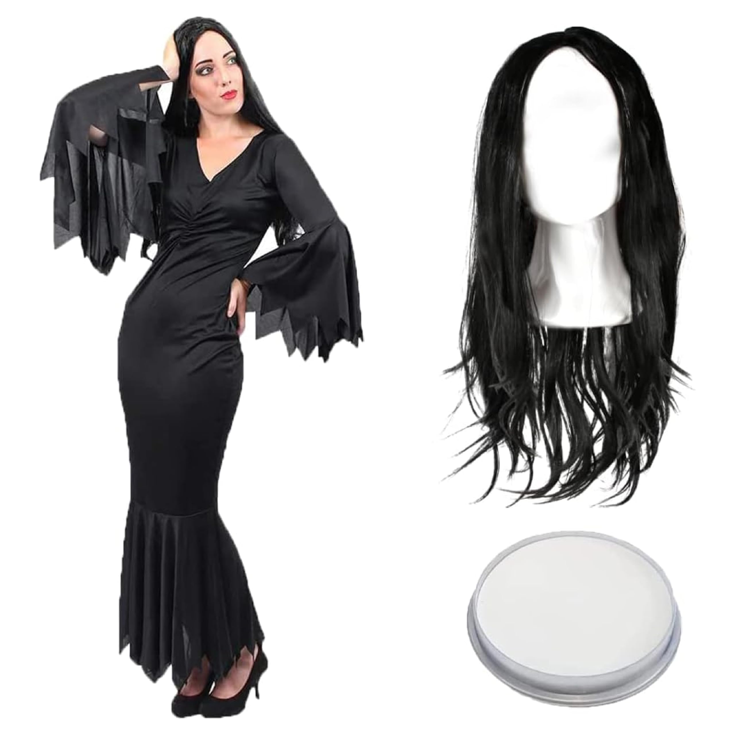 Ladies Halloween Gothic Dress Costume - XXX-Large - Long Black Dress with Jagged Edges, Long Black Wig and White Facepaint - Ladies Vampire TV and Film Halloween Fancy Dress Costume
