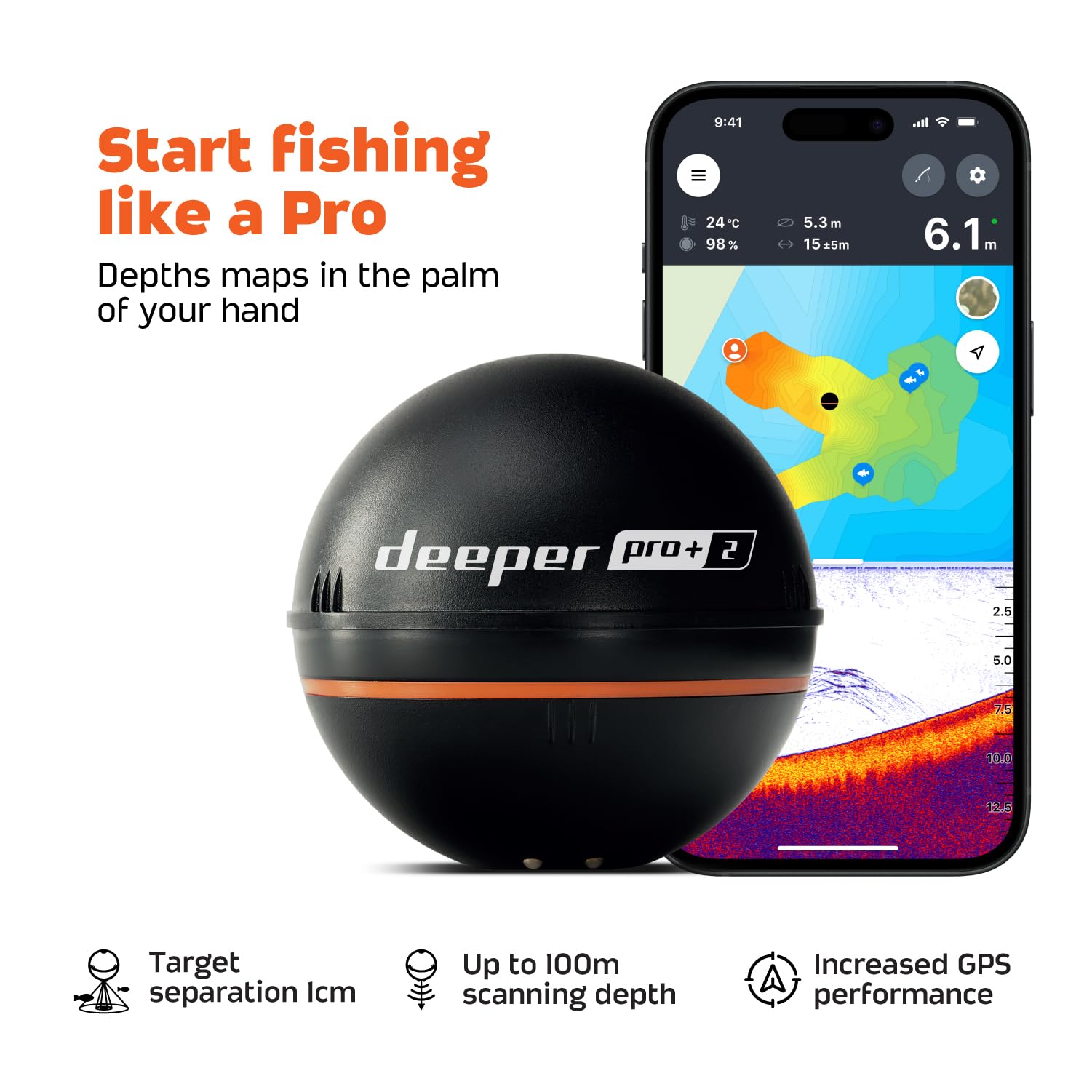 Deeper PRO+ 2 Sonar - Portable Fish Finder and Depth Finder for Kayaks, Boats and Ice Fishing with GPS Enabled | Castable Deeper Sonar with Free User Friendly App