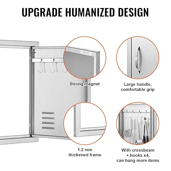 VEVOR BBQ ACCESS DOOR, 17W X 24H INCH SINGLE OUTDOOR KITCHEN DOOR, STAINLESS STEEL FLUSH MOUNT DOOR, WALL VERTICAL DOOR WITH HANDLE, VENTS AND HOOK, FOR BBQ ISLAND, GRILLING STATION, OUTSIDE CABINET