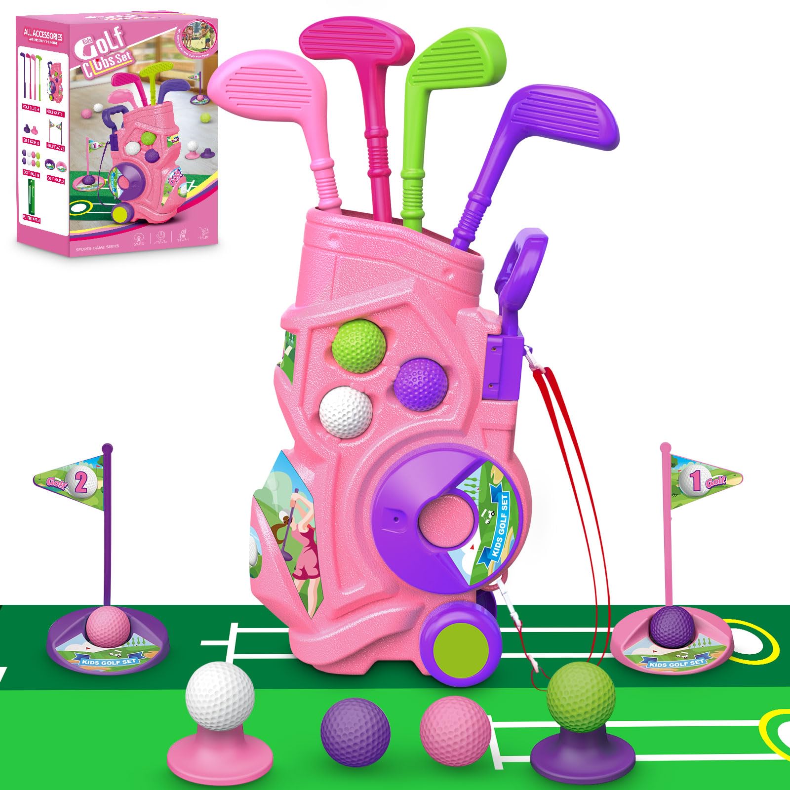 Photo 1 of Letapapa Toddler Golf Set with Putting Mat, 4 Clubs, 8 Balls, 2 Practice Holes for Kids 3-5 Years Old, Indoor Outdoor Sports Toys with Shoulder Strap, 20 Pieces
