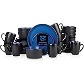 Stone Lain Albie Stoneware 32-Piece Modern Dinnerware Set, Kitchen Plates and Bowls Sets, Service for 8, Blue and Black, Microwave & Dishwasher Safe