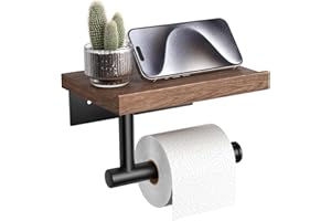 Tindbea Toilet Paper Holder with Wood Shelf, Wooden Wall Mount Tissue Paper Roll Holder, Matte Black Stainless Steel Bathroom Accessories Decor Household Home Apartment Restroom Essentials (Walnut)